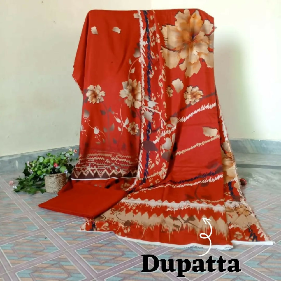 3-Piece Imported Viscose Suit – Rust & Beige Floral Unstitched Winter Wear