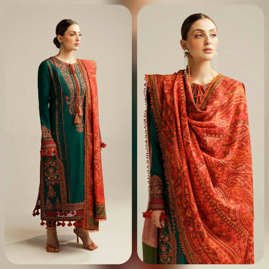 Hussain Raher 3piece embroidered dhanak suit