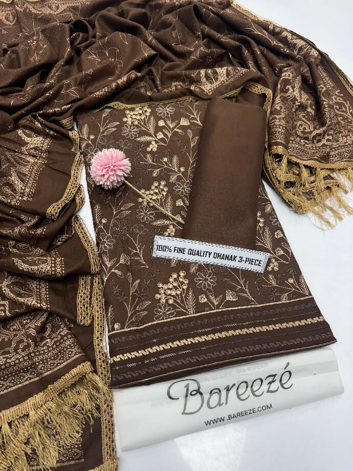 Unstitched Embroidered Dhanak Three Piece