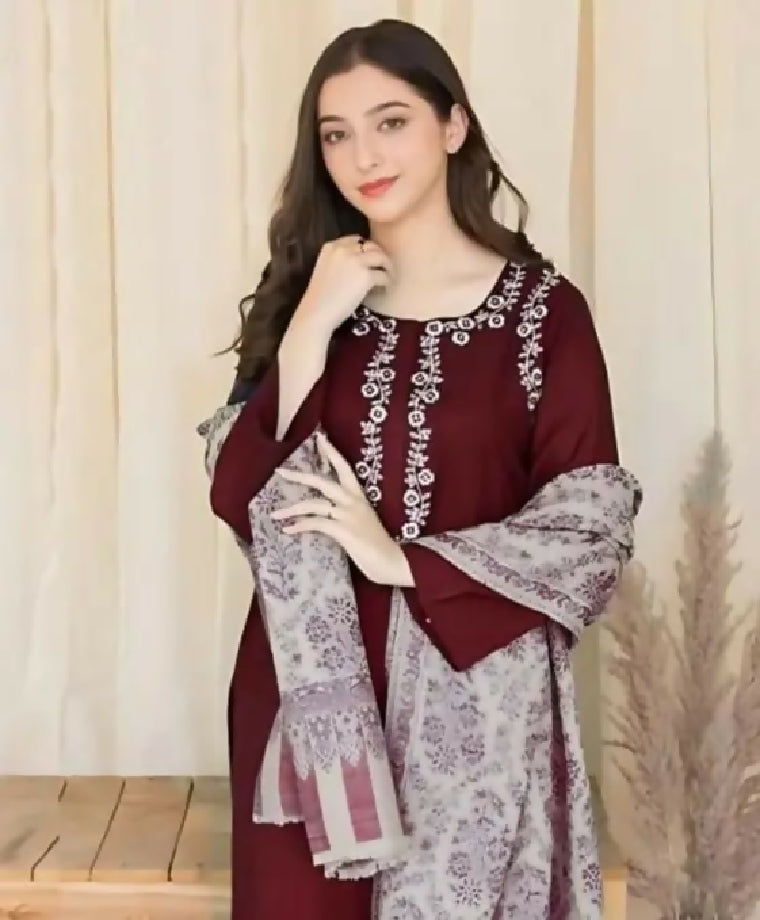 Unstitched Embroidered Dhanak Three Piece with printed shawl