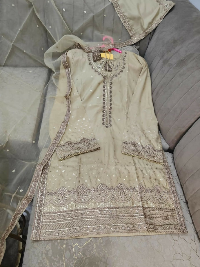 SEQUENCE Kattan embroidery shirt with farshi shalwar and organza duppata