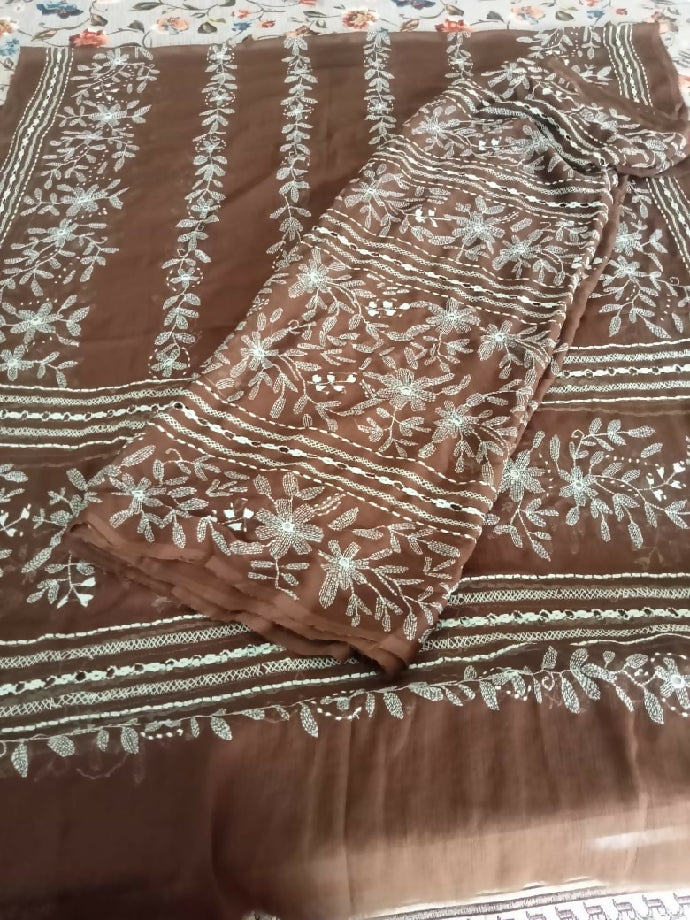 2piece bamber shafoon suit Tarkashi with kacha kaam and mirror work