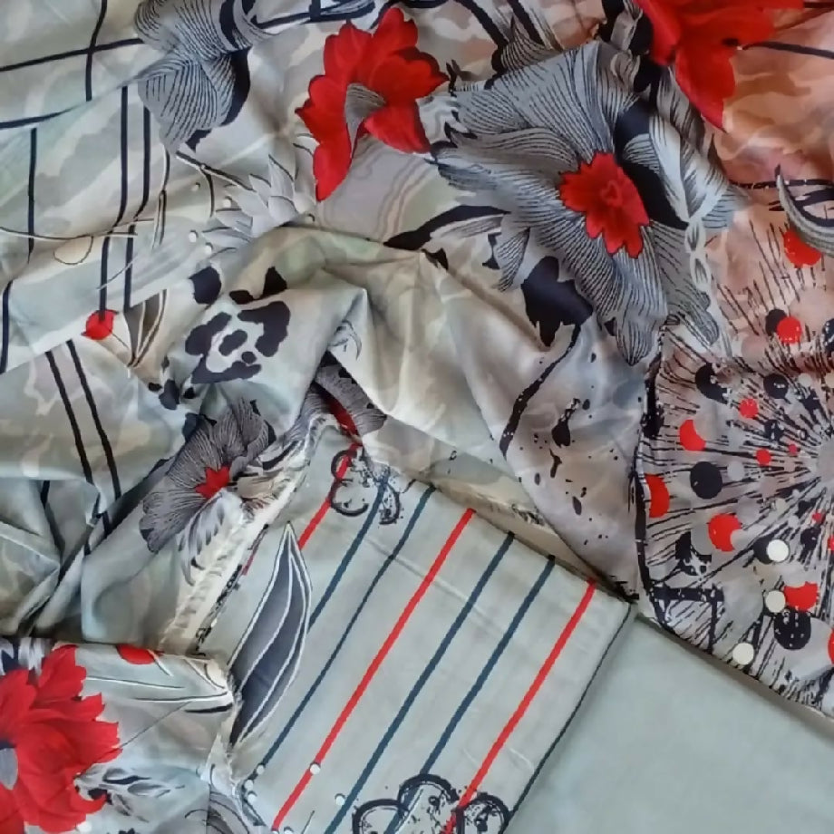 3-Piece Imported Viscose Suit – Grey & Red Floral Unstitched Winter Wear