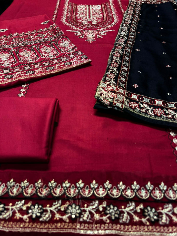 Unstitched Embroidered Dhanak Three Piece