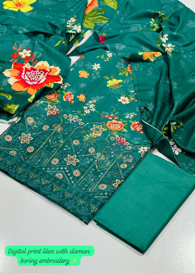 Printed linen with damn embroidery