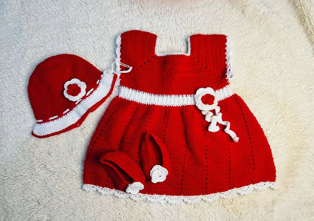 Red colored crochet cap and frock both set
