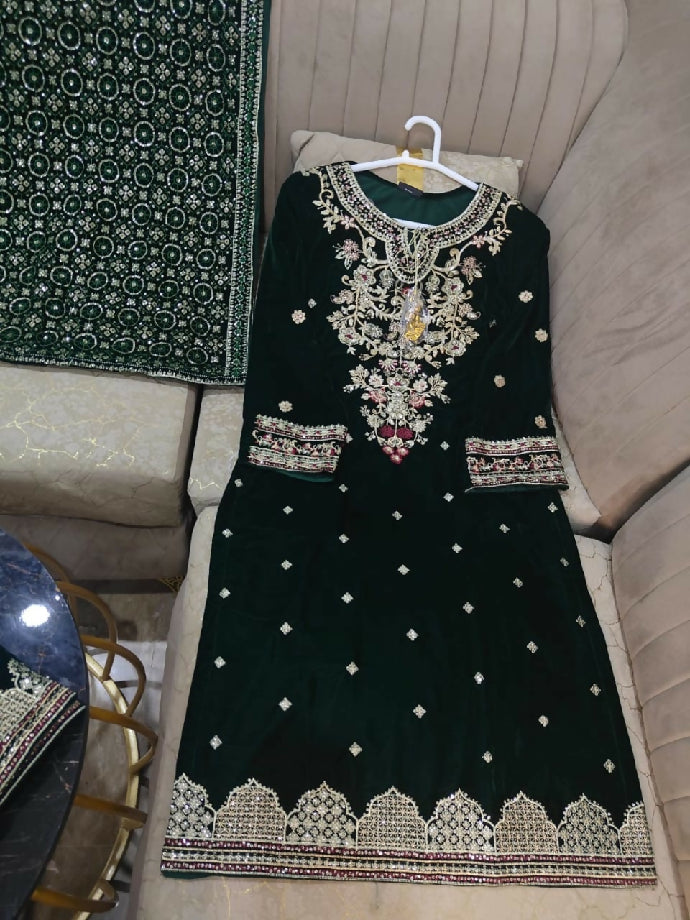 Embroidered velvet shirt plazo with shawl