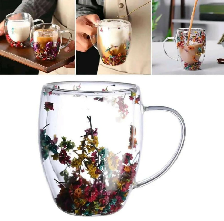 Duble glass artificial flowers transparent coffee mug 350 ml