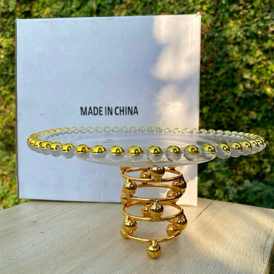 Gold Beaded Glass pastry Stand with Spiral Metal Pedestal