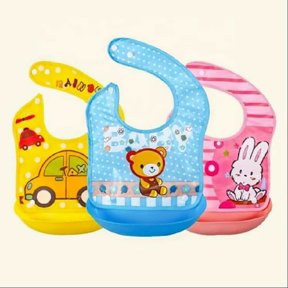 Cartoon Car Baby Waterproof Feeding Bib with Food Catcher