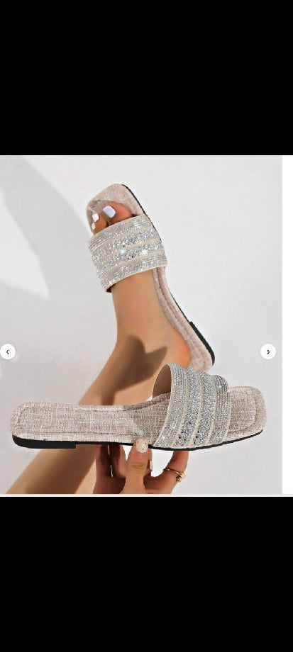 Flat sequins Sleeper plus, Size Women's Shoes, New Spring/Summer White Square Toe Flat Sandals To Pair With Dresses, Fashionable Rhinestone Ornament Strap Slides, Summer ,Slippers,Sandals (Uk brand)