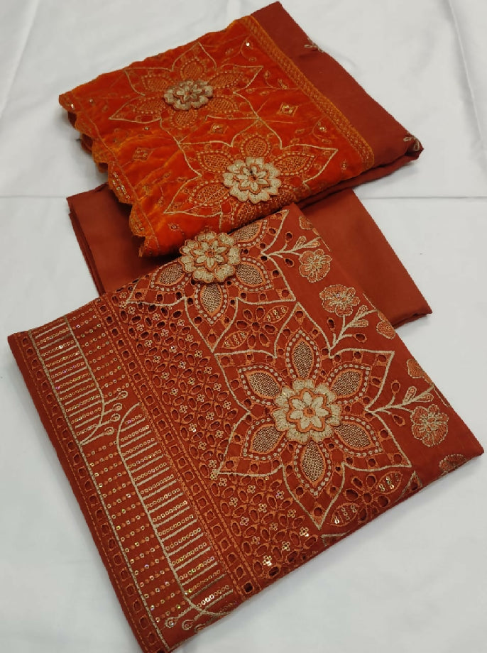 3 piece dhanak embroidered