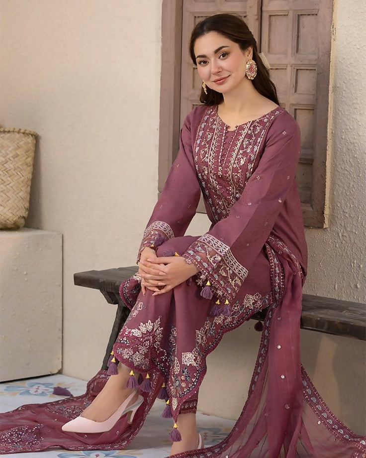 Unstitched Embroidered Dhanak Three piece