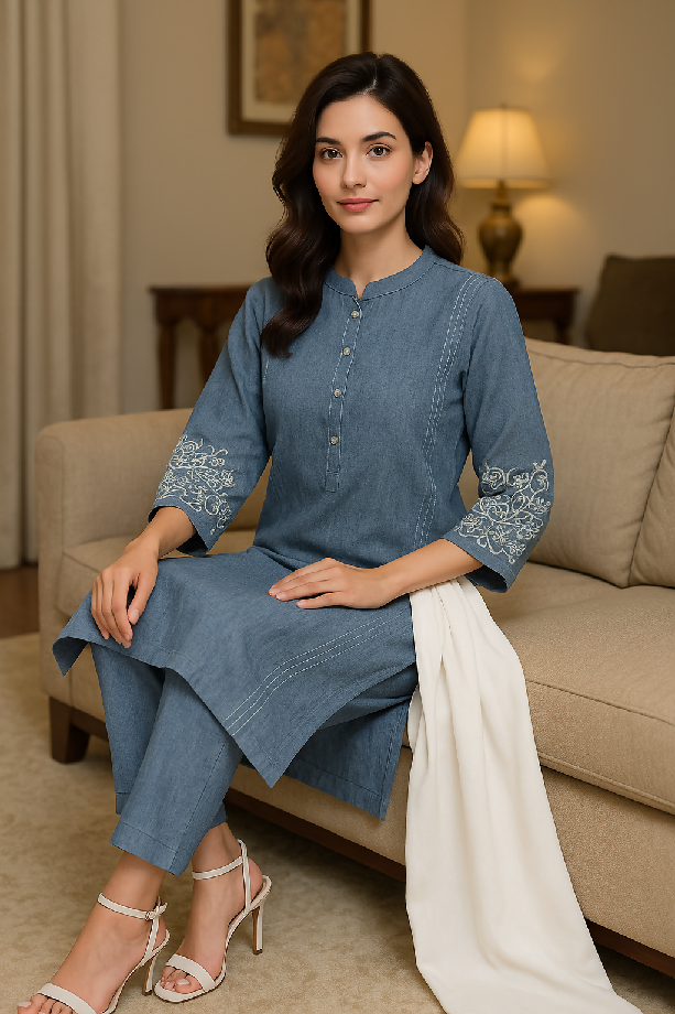 Kamalia Khaddar 3-Piece Set with Shawl in Denim Grey & Blue Shades Stitched
