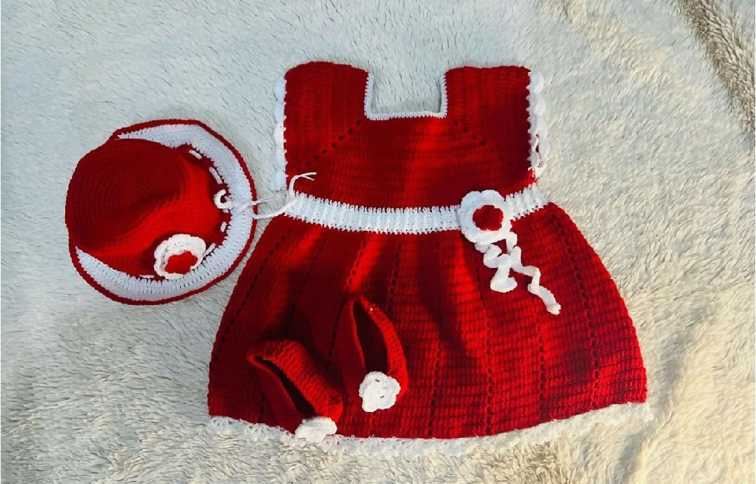 Red colored crochet cap and frock both set
