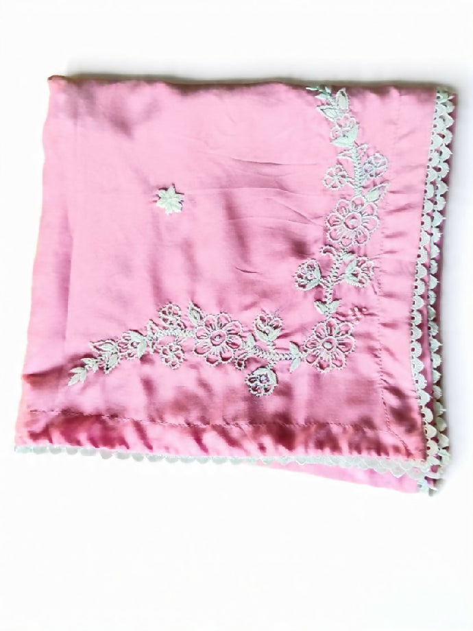 Premium Pink Namaz Chadar with White Embroidery & Lace Finishing