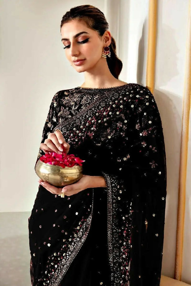 JAZMIN special Net Saree with Velvet body and sleeves with satin silk trousers