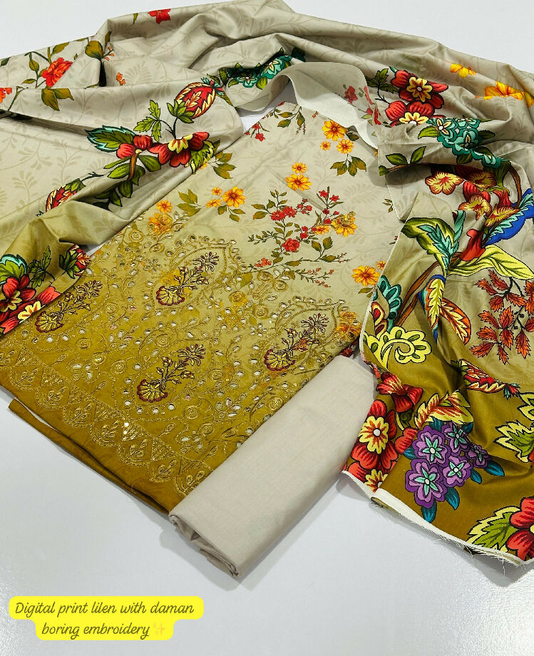 Printed linen with damn embroidery