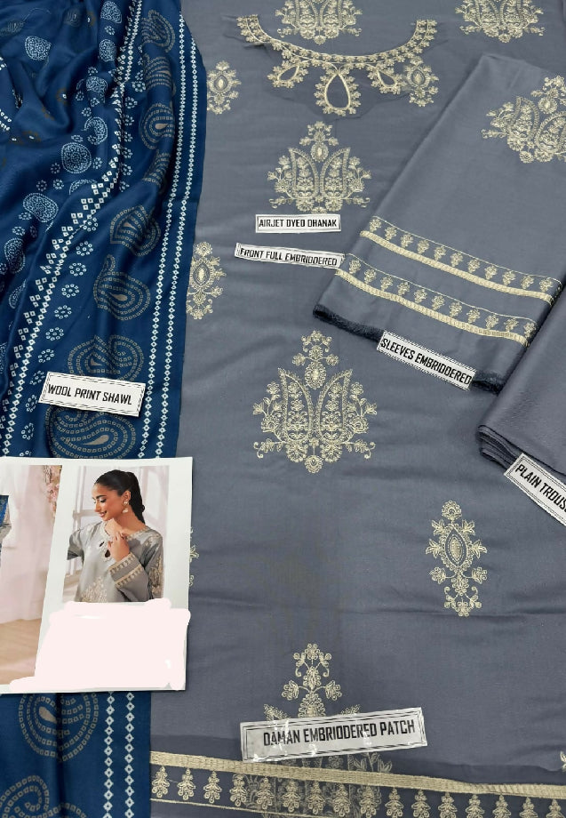 Unstitched Embroidered Dhanak with Digital Wool Shawl