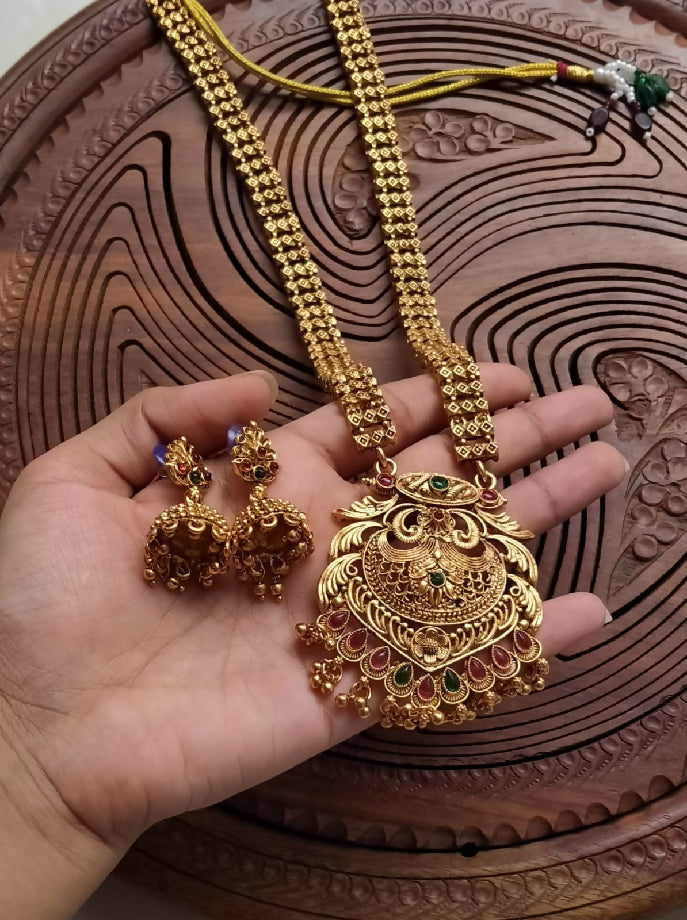 Traditional Gold-Toned Necklace Set with Jhumkas