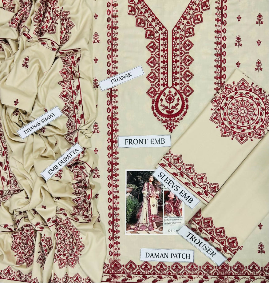 Lux Embroidery 3-piece Dhanak Suit with Dhanak Heavy Embroidered Shawl