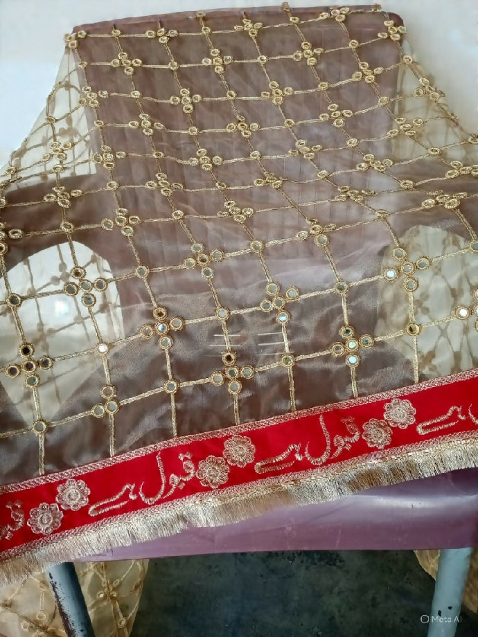 Golden Mirror Nikah Dupatta with Red “Qabool Hai” Patti & Golden Kiran Lace