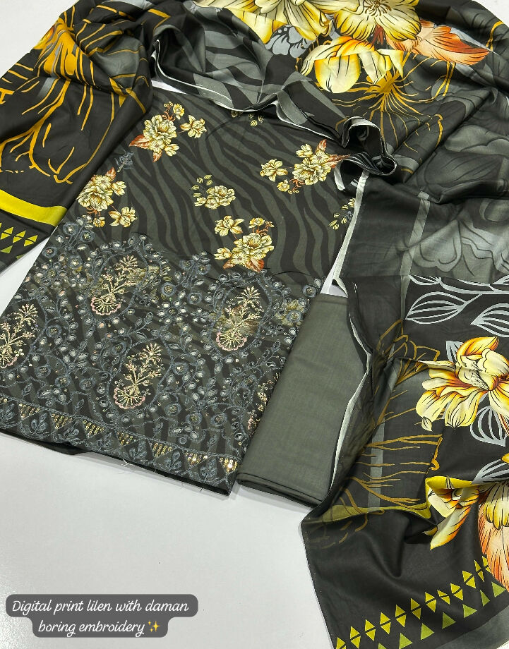 Printed linen with damn embroidery