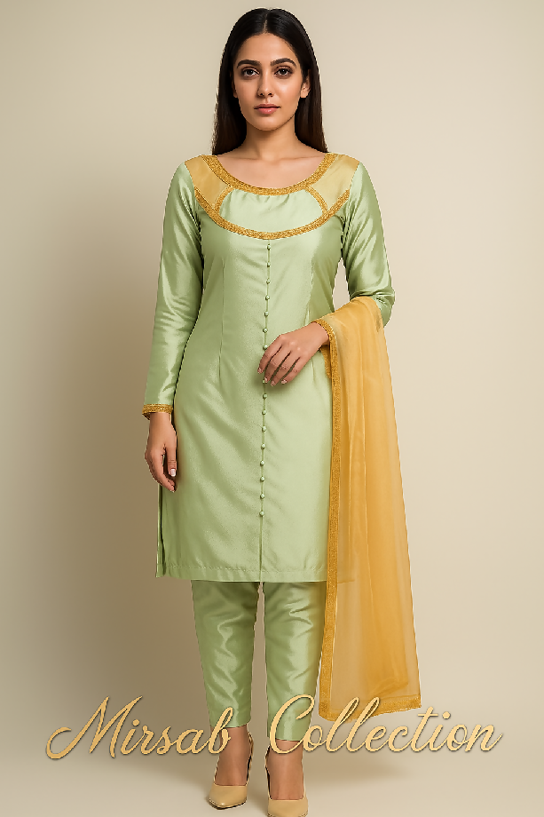 Pista Kathan Silk Dress with Golden Organza Dupatta