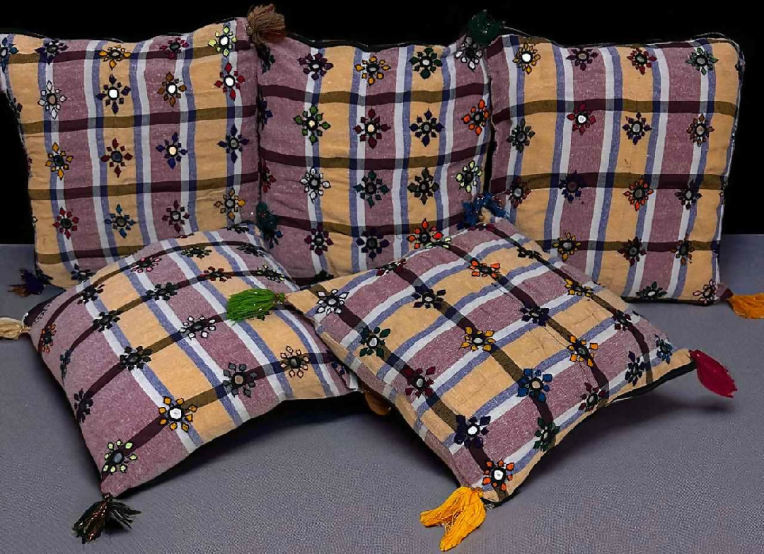 Check style embroidered cushion cover