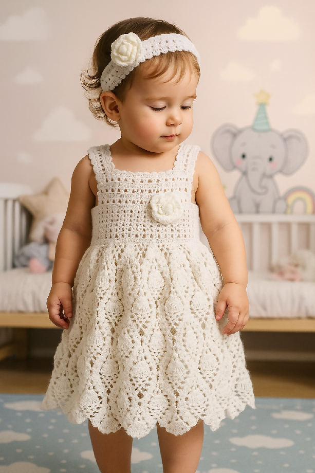 Elegant Crochet Baby Dress with Headband