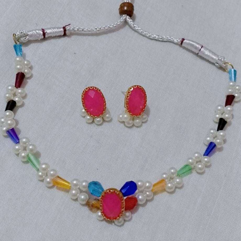 Handmade pearl and colorful moti with pink stone and mini earrings