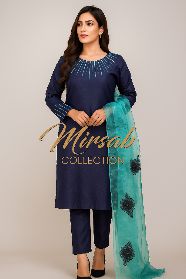Elegant Blue Suit with Ferozi Dupatta – Mirsab Collection