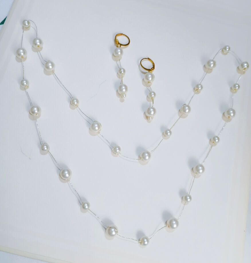 Handmade pearl long mala with pearl earrings