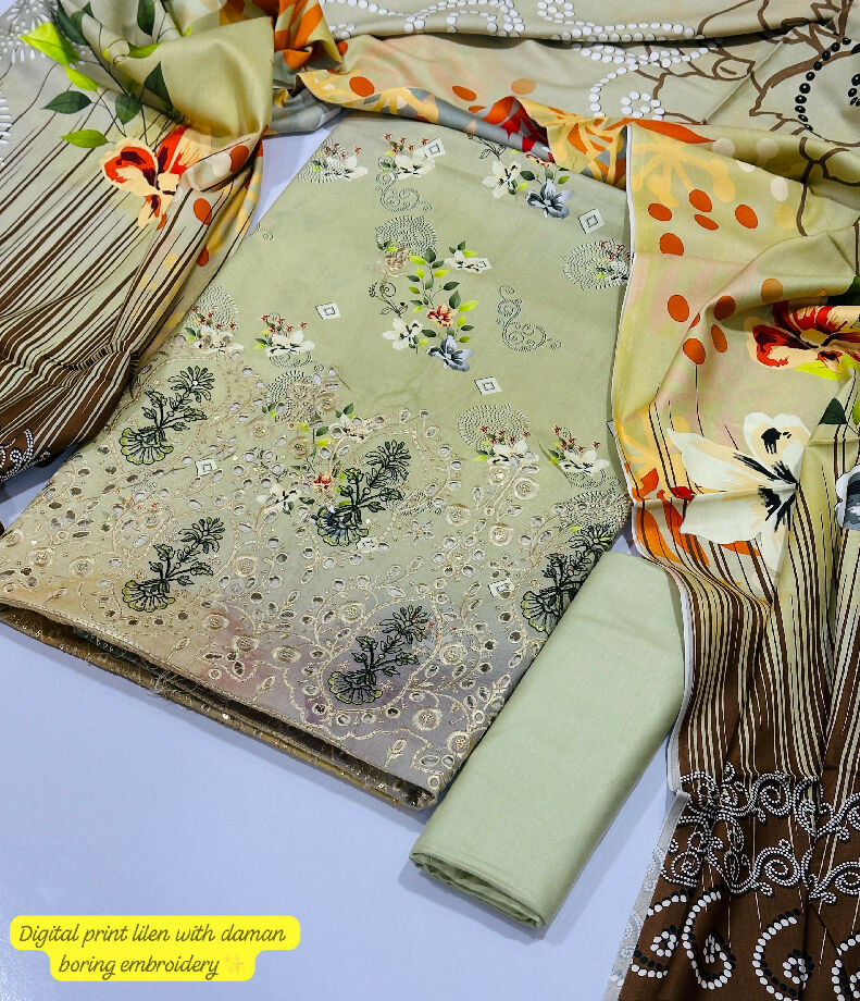 Printed linen with damn embroidery