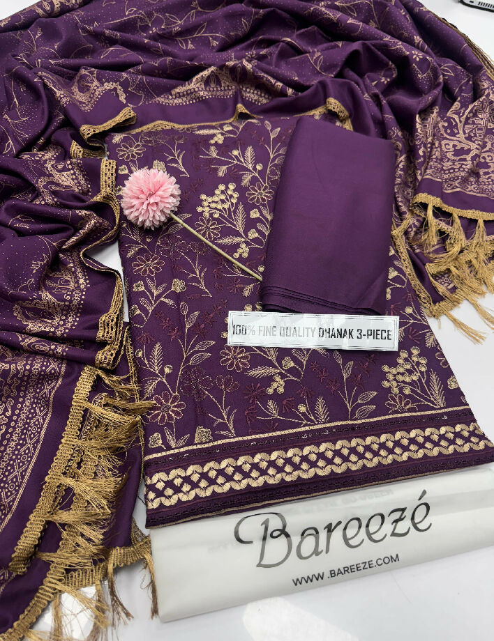 Unstitched Embroidered Dhanak Three Piece