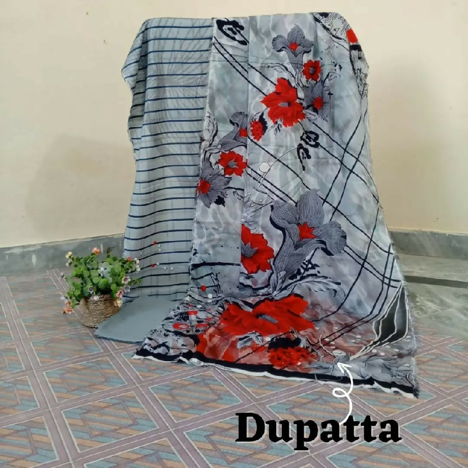 3-Piece Imported Viscose Suit – Grey & Red Floral Unstitched Winter Wear