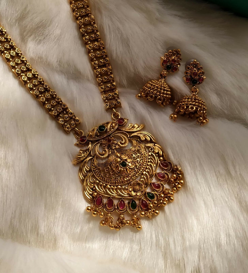 Traditional Gold-Toned Necklace Set with Jhumkas
