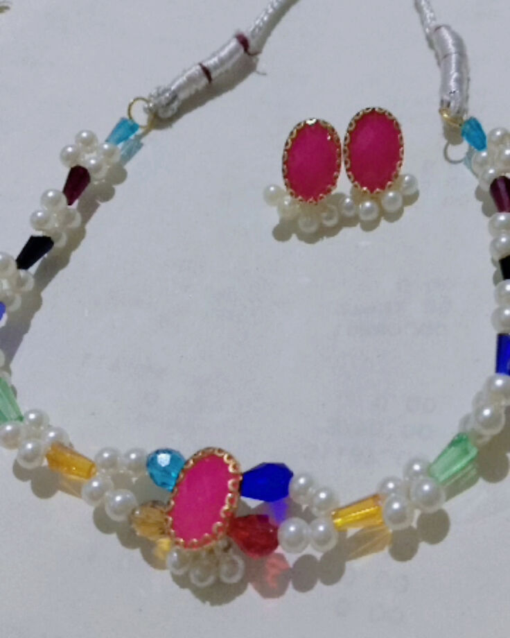 Handmade pearl and colorful moti with pink stone and mini earrings
