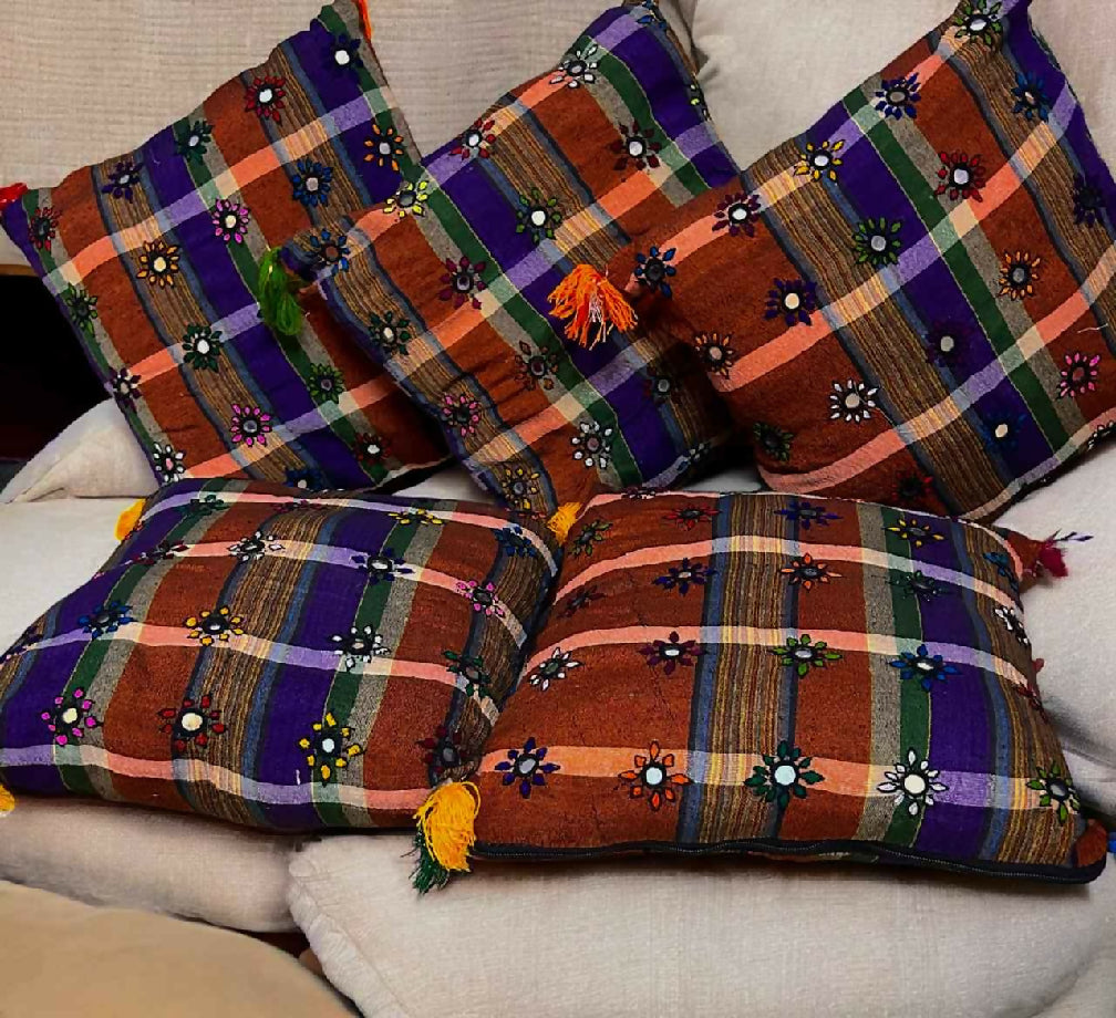 Check style embroidered cushion cover