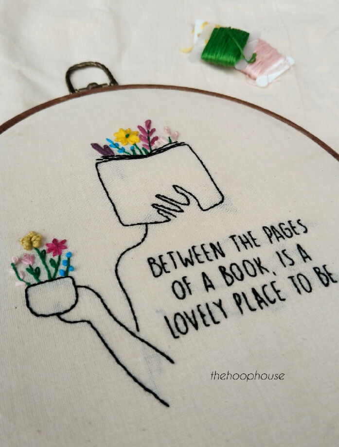 Book and tea embroidery hoop