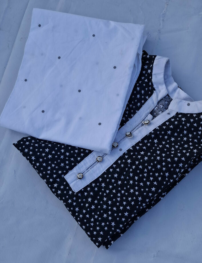 Black Star Print Stitched Large Size Dress – 2 Piece