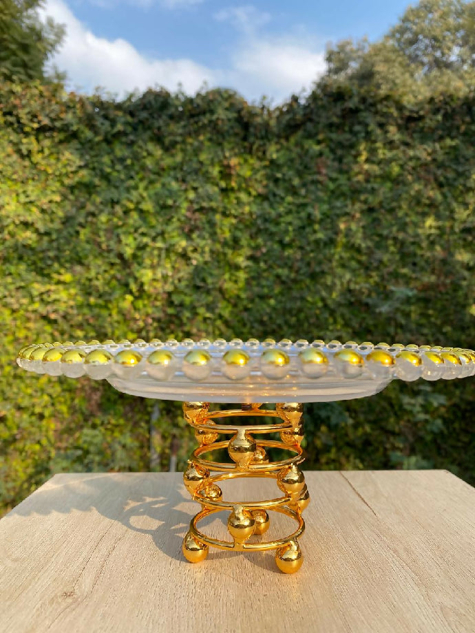 Gold Beaded Glass pastry Stand with Spiral Metal Pedestal