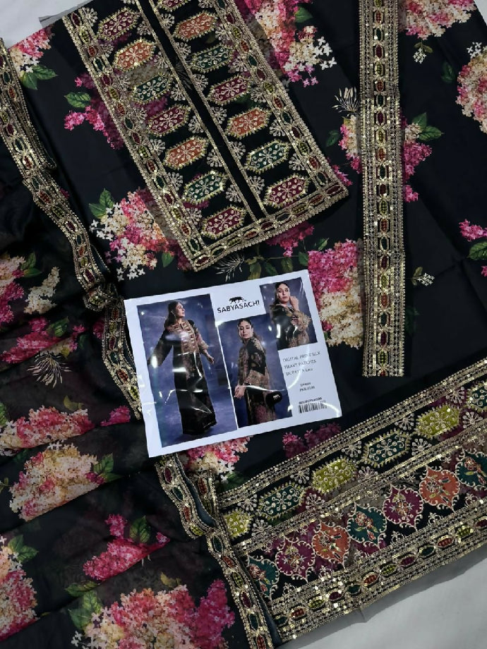 Sabyadachi Pure Silk 3-Piece Suit with Heavy Embroidery & 4-Side Lace Dupatta