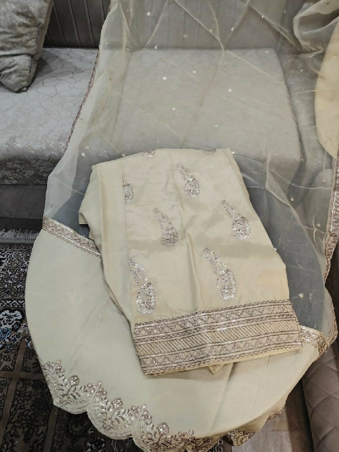 SEQUENCE Kattan embroidery shirt with farshi shalwar and organza duppata