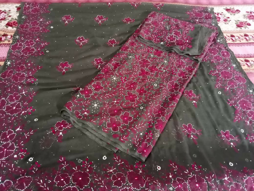 2piece bamber shafoon suit Shirt & dupatta Heavy mukash work with kacha kaam