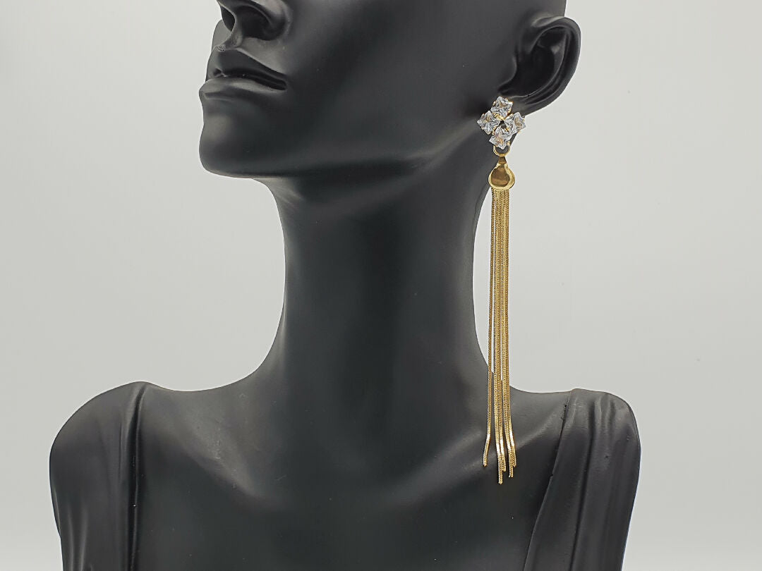 Crystal Cluster with Golden Tassel Drop Earrings