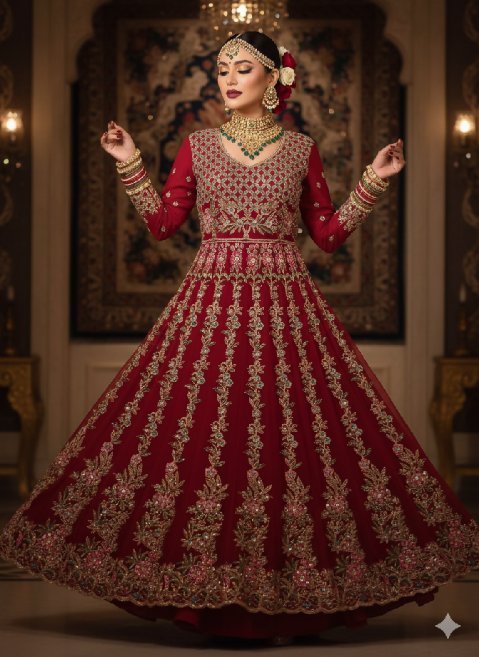 Embroidered Maroon/Red Maxi Dress