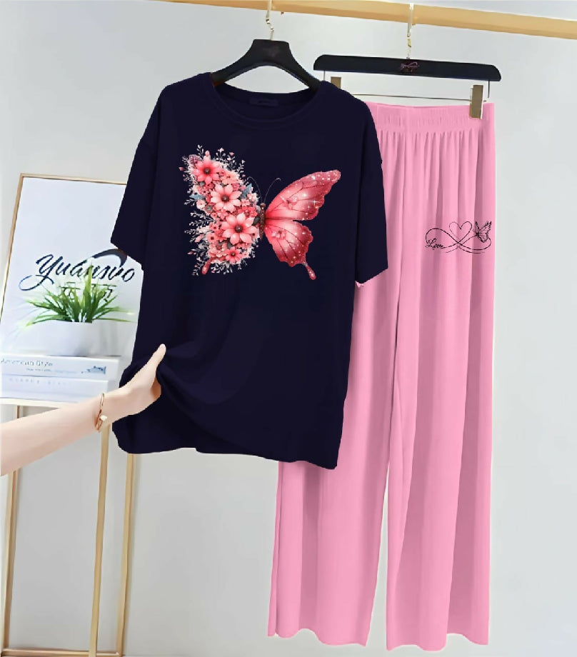 Girl’s Nightwear Set – butterfly Printed T-Shirt and pink trouser