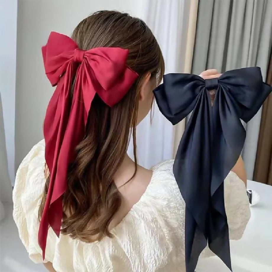 *Elegant Bow Ribbon Hair Clip Fashion Simple Solid Satin Spring Clip Hair Pin Retro Headband with Clips Girls Hair Accessories*
