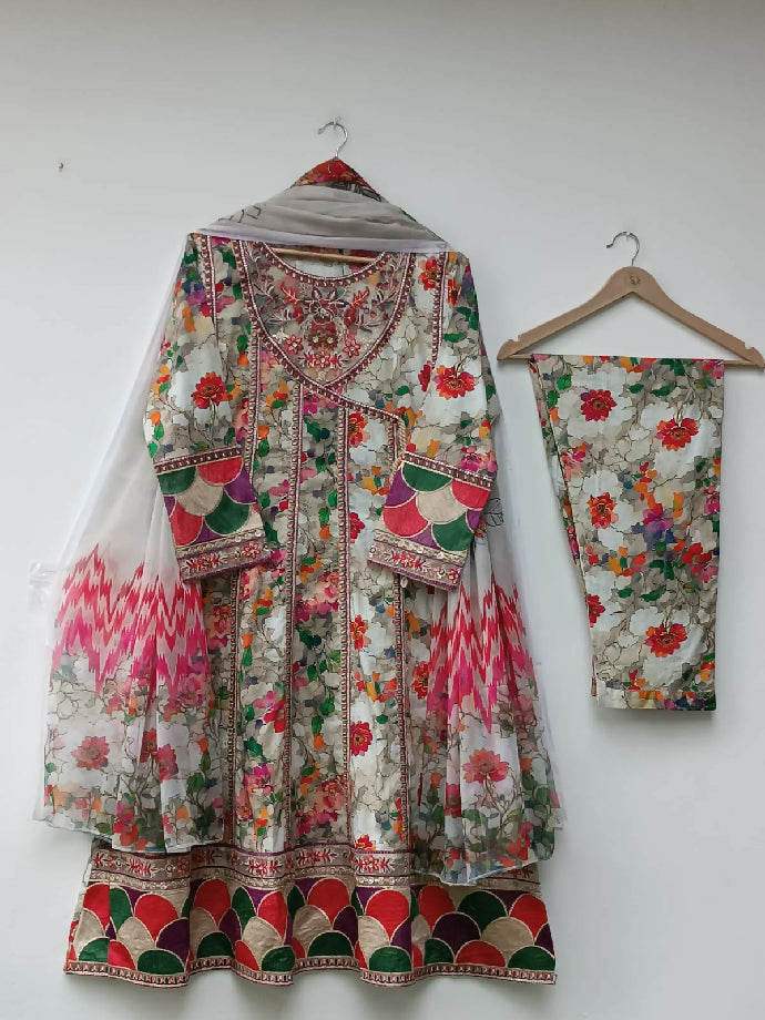 Cotton Lawn Angrakha Frock with Trouser & Chiffon Dupatta